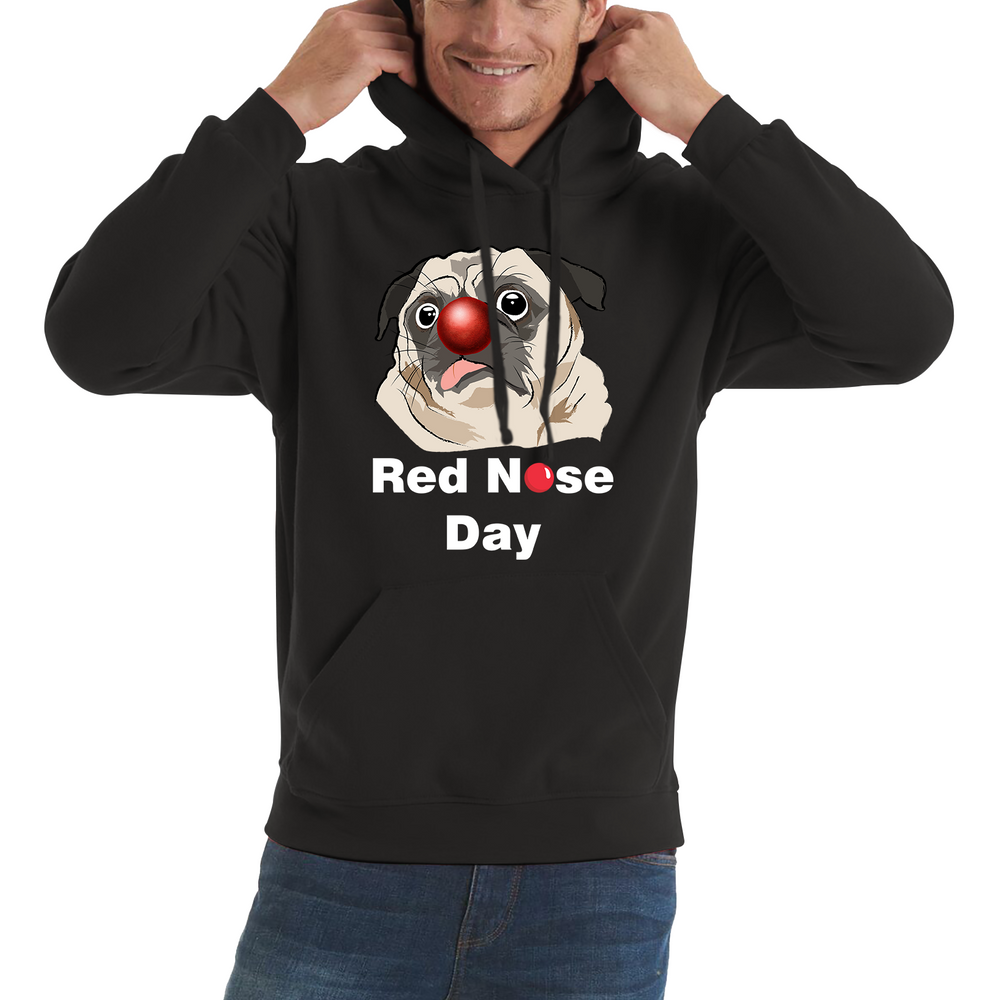 Pug Dog Red Nose Day Adult Hoodie. 50% Goes To Charity