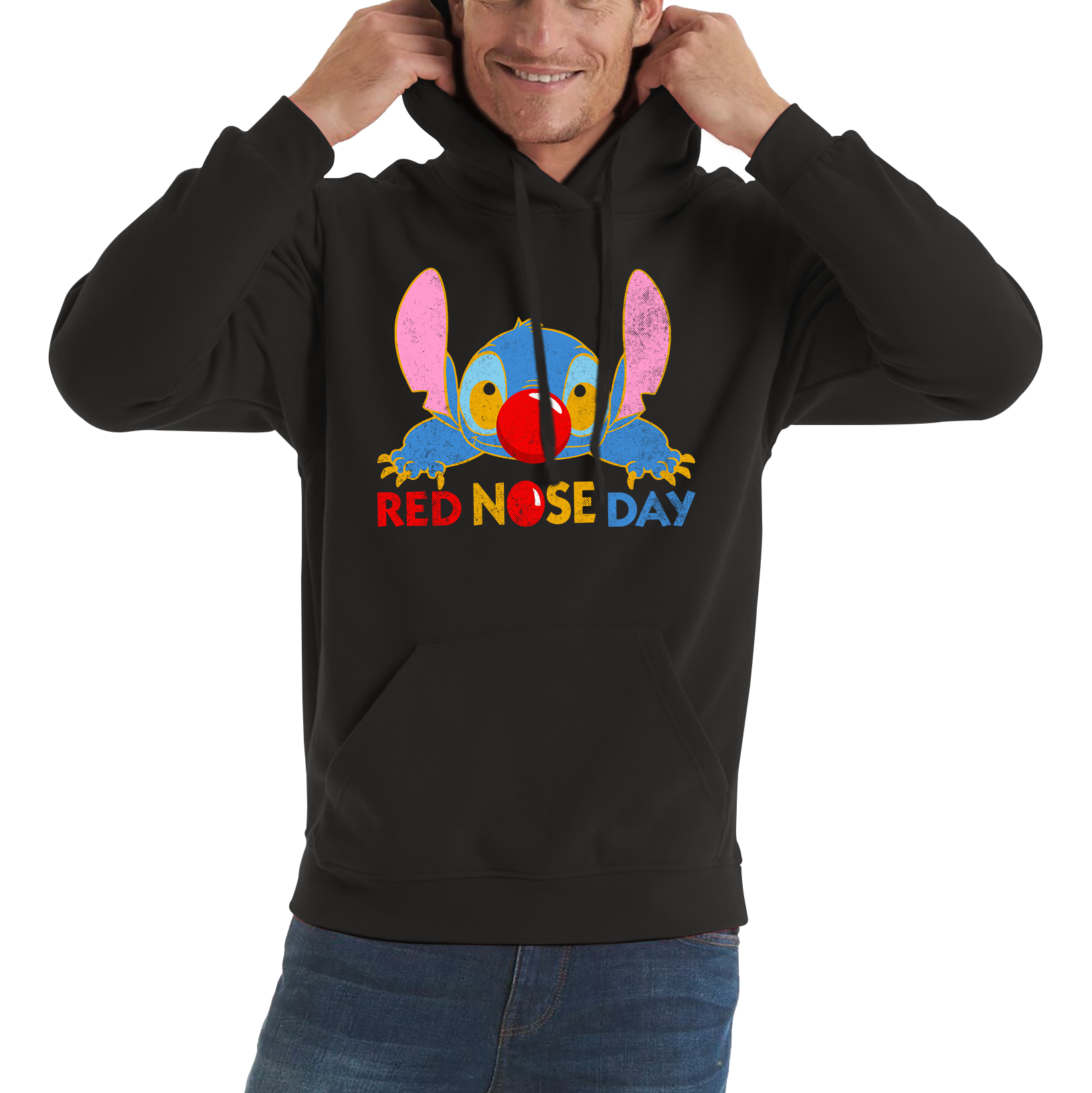 Disney Stitch Red Nose Day Hoodie top Ohana Red Nose Day Funny Adult Hoodie. 50% Goes To Charity