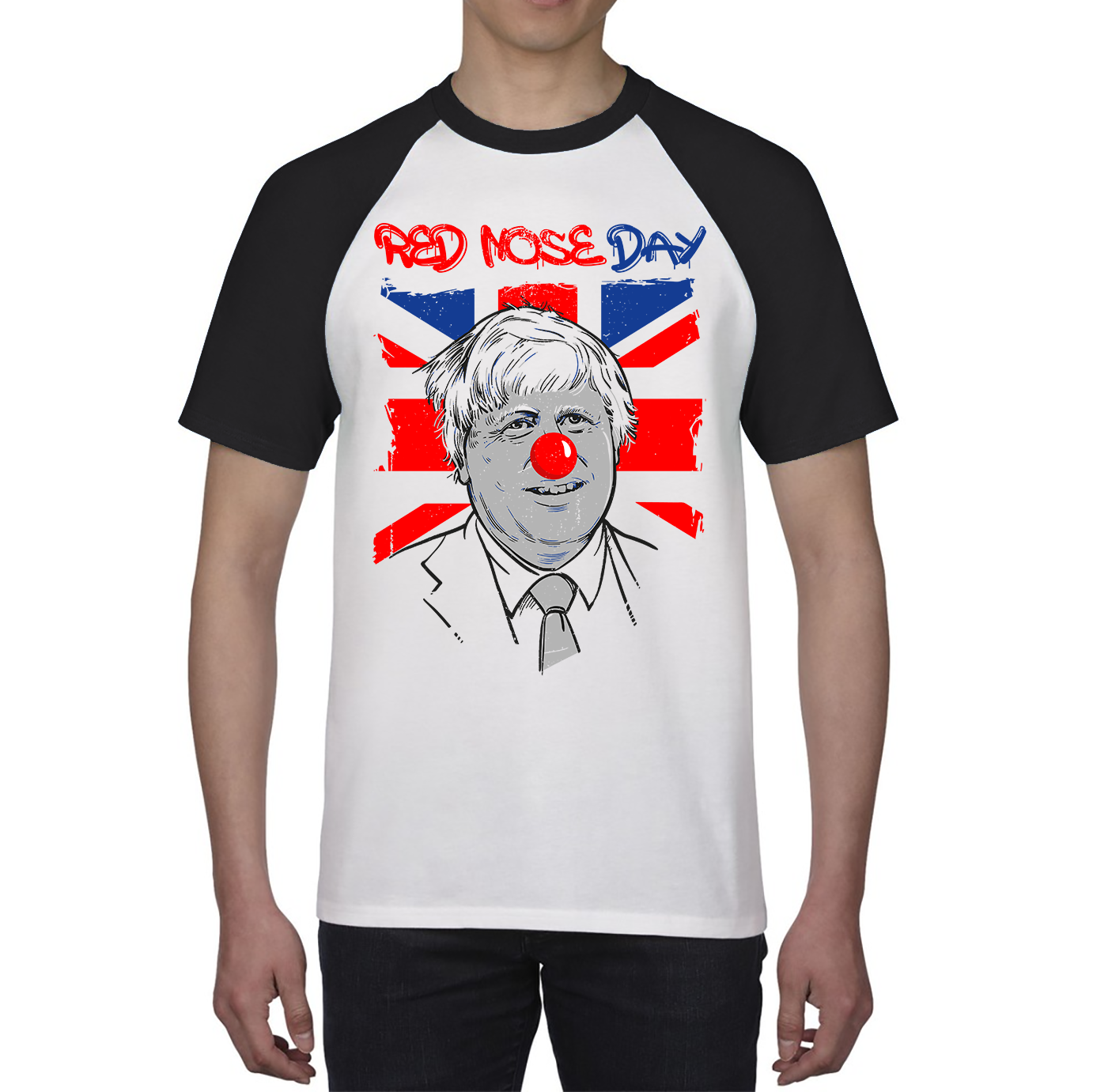 Red Nose Day PM Boris Johnson Baseball T Shirt. 50% Goes To Charity