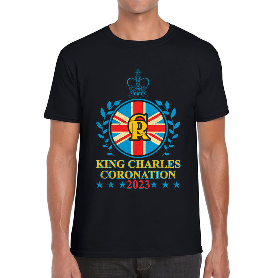 King Charles III Coronation 2023 Union Jack CR III Ruling Monarch Of England Great Britain Mens Tee Top