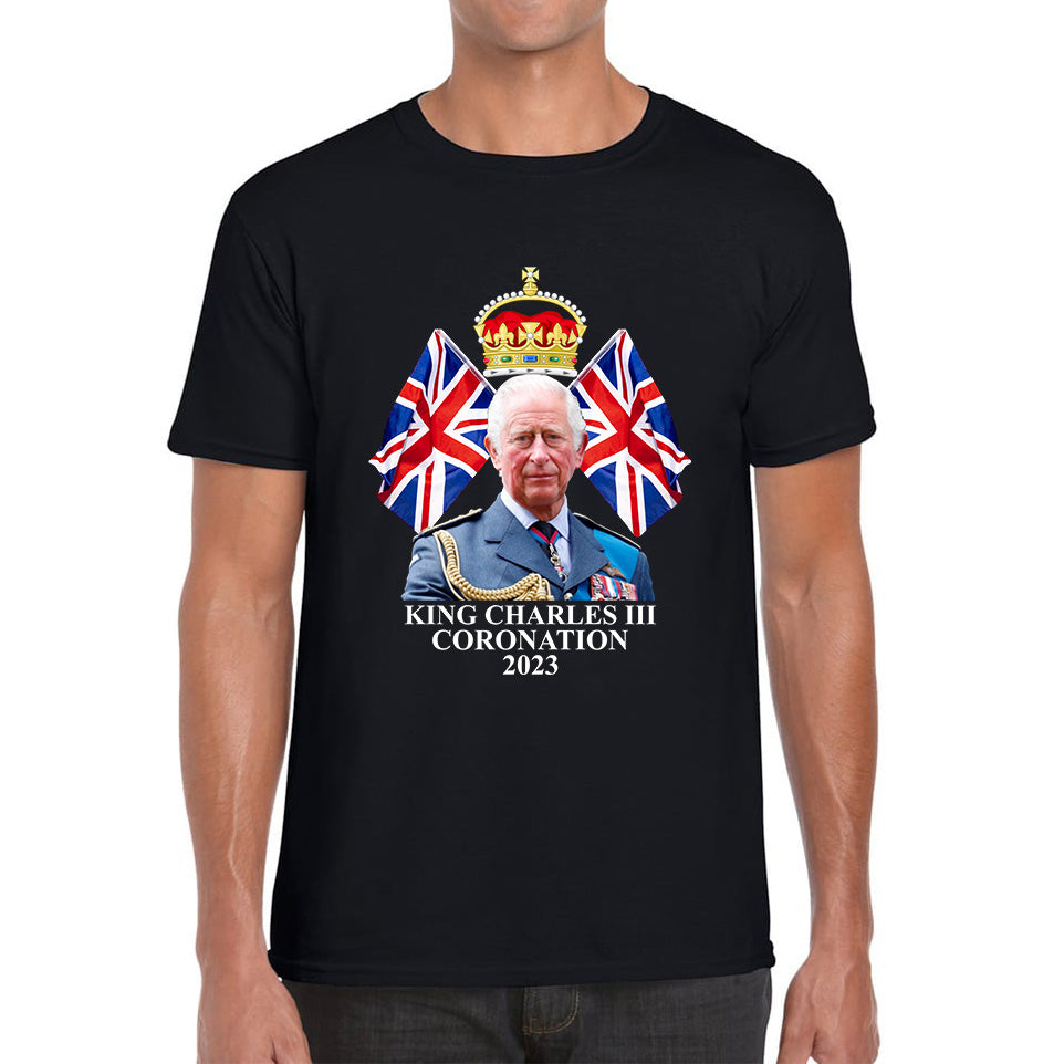 King Charles III Coronation 2023 British United Kingdom Uk Flags CR III Royal Crown Ruling Monarch Of England Mens Tee Top