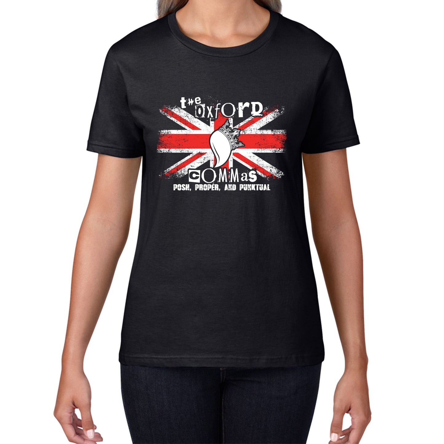 The Oxford Commas Push, Proper and Punktual Funny Grammar UK Flag Womens Tee Top