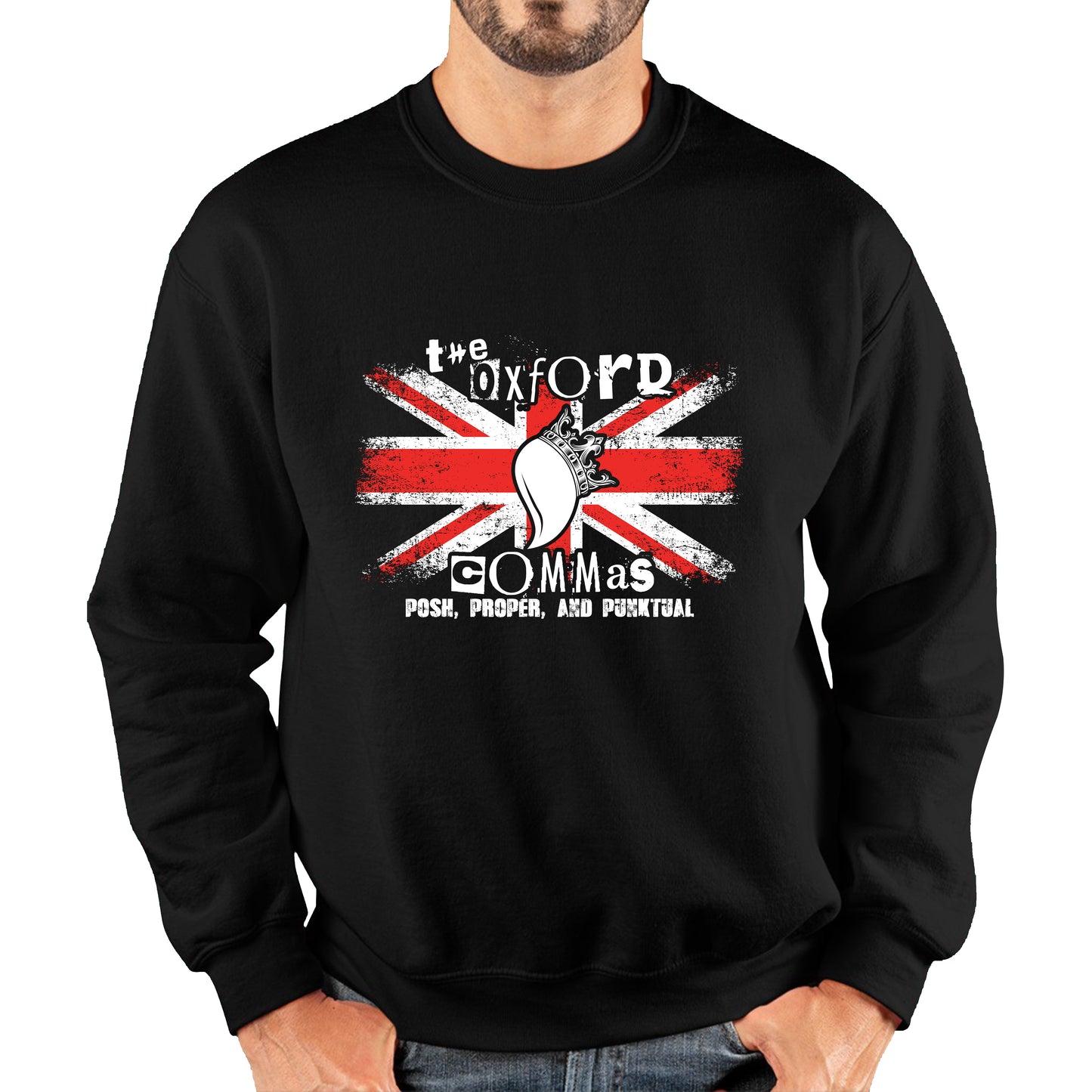 The Oxford Commas Push, Proper and Punktual Funny Grammar UK Flag Unisex Sweatshirt