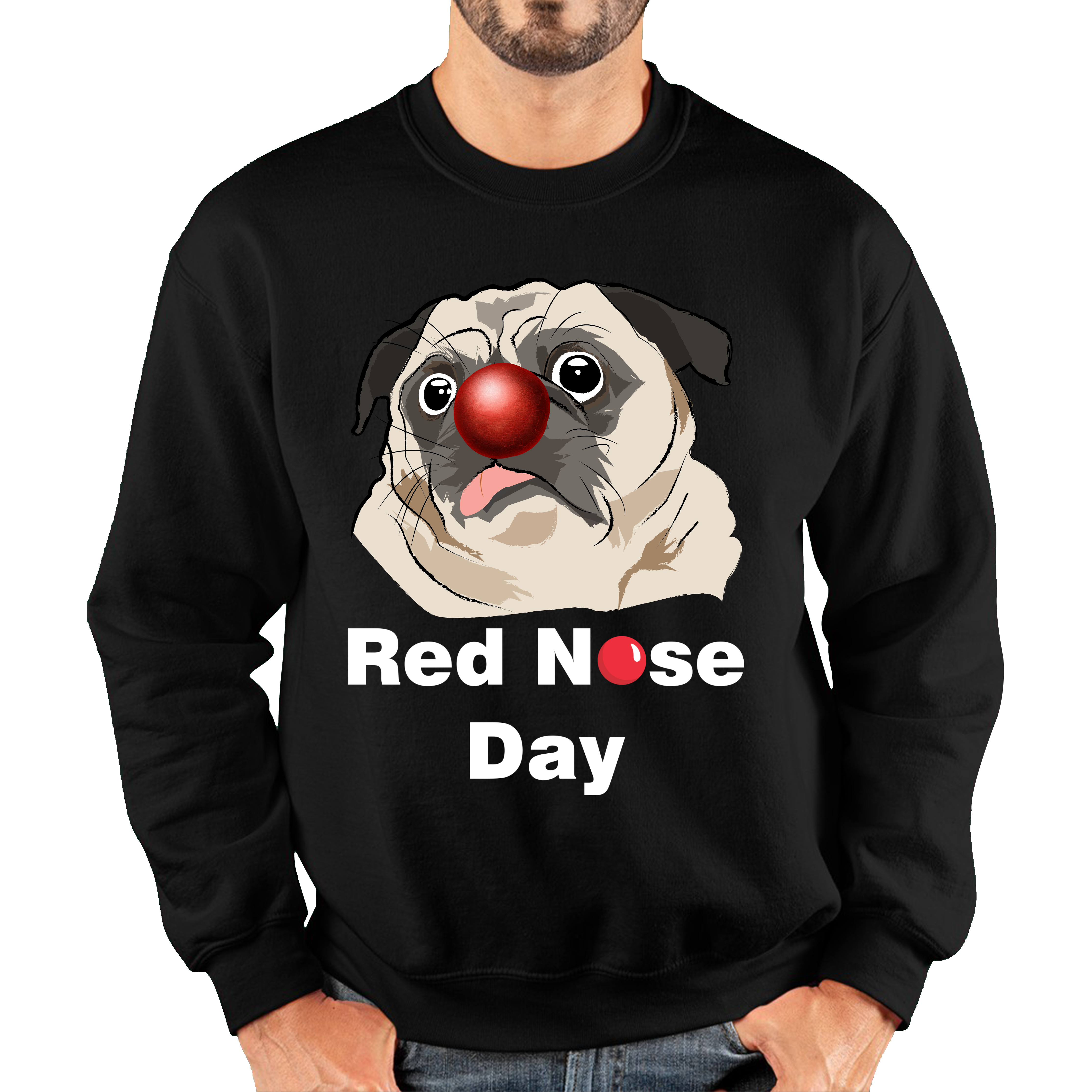 Pug Dog Red Nose Day Adult Sweatshirt. 50% Goes To Charity