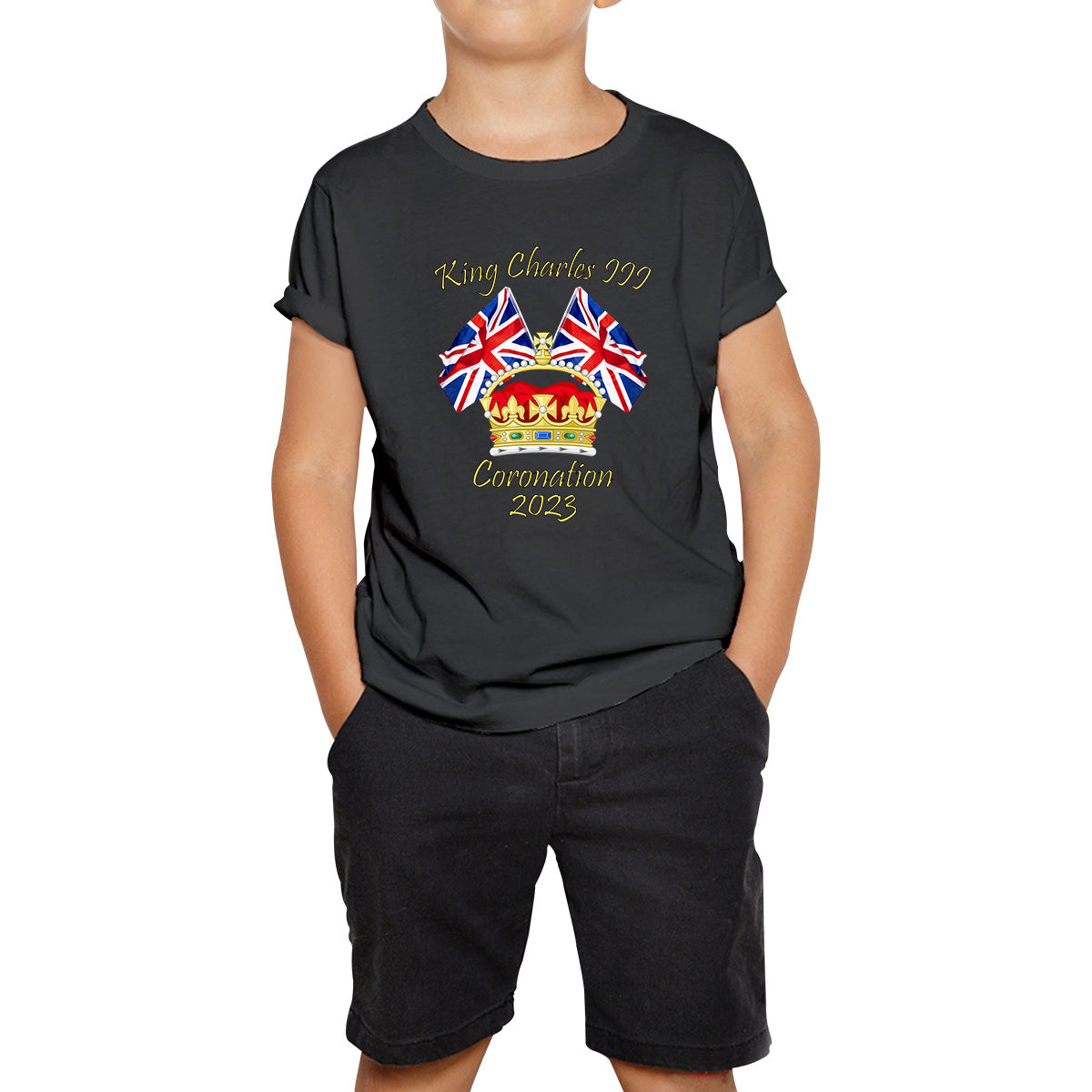 King Charles III Coronation 2023 United Kingdom Flags Royal Crown Ruling Monarch Of England CR III Kids T Shirt