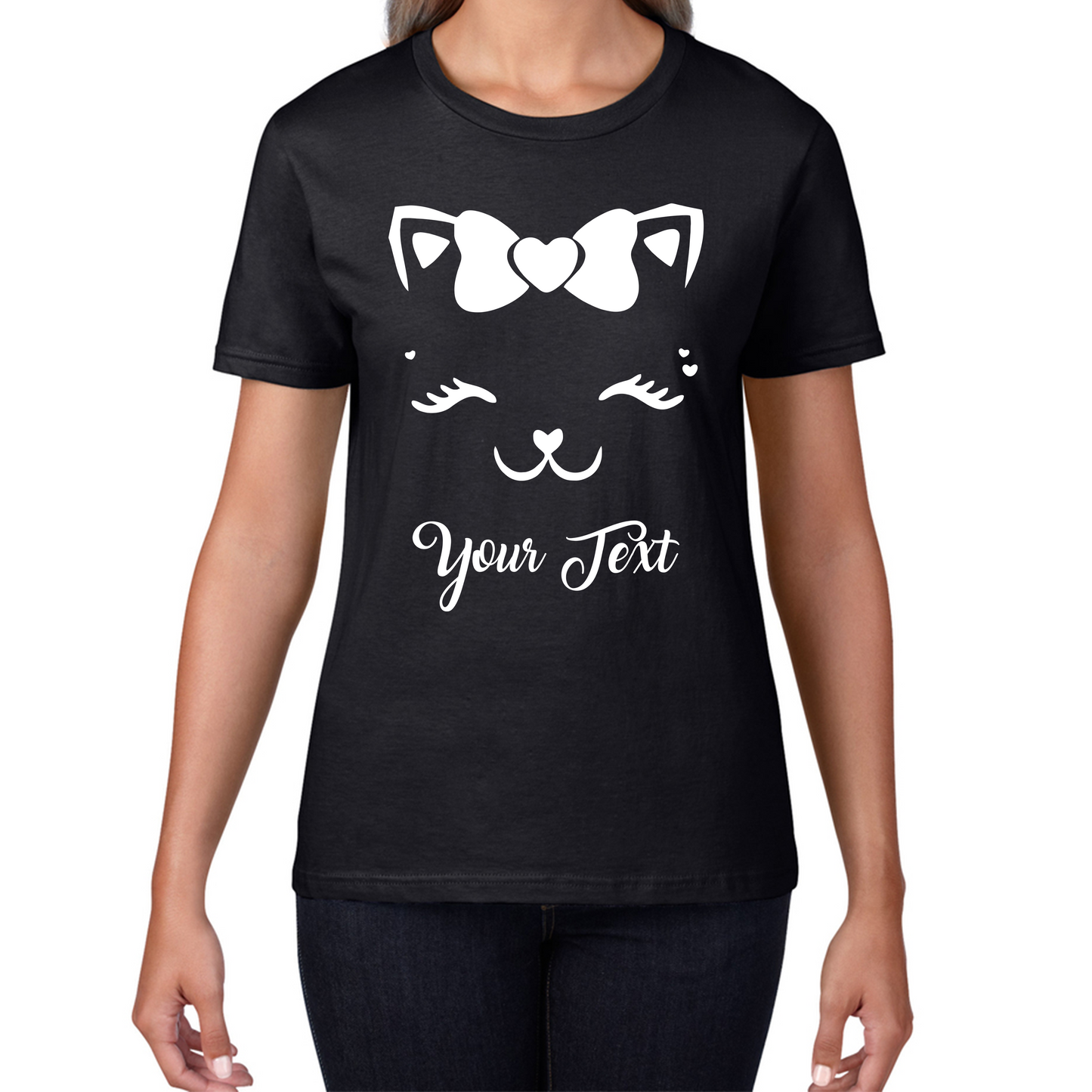 Personalised Cute Cat Face With Bow Your Name Cute Funny Kitten Lashes Cat Lover Birthday Womens Tee Top
