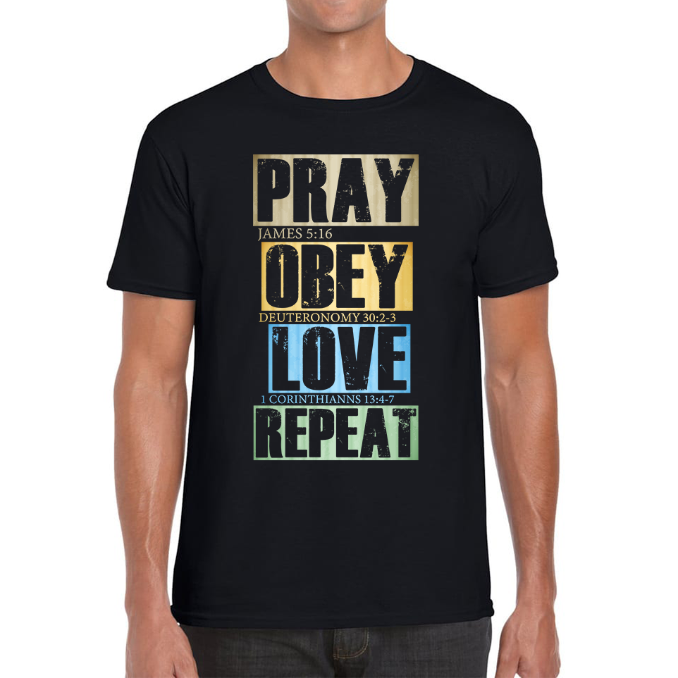 Pray Obey Love Repeat Vintage Christian Bible Christianity Mens Tee Top