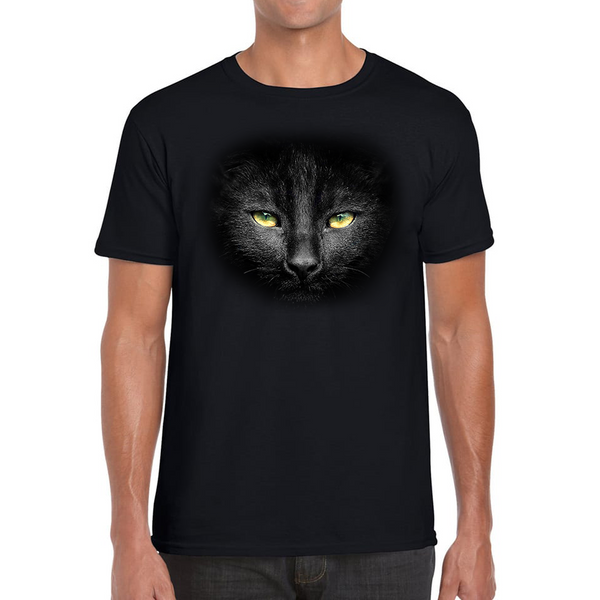 Black Cat Yellow Eyes T-shirt Big Print Full-On Front Spooky Horror Scary Black Cat Mens Tee Top