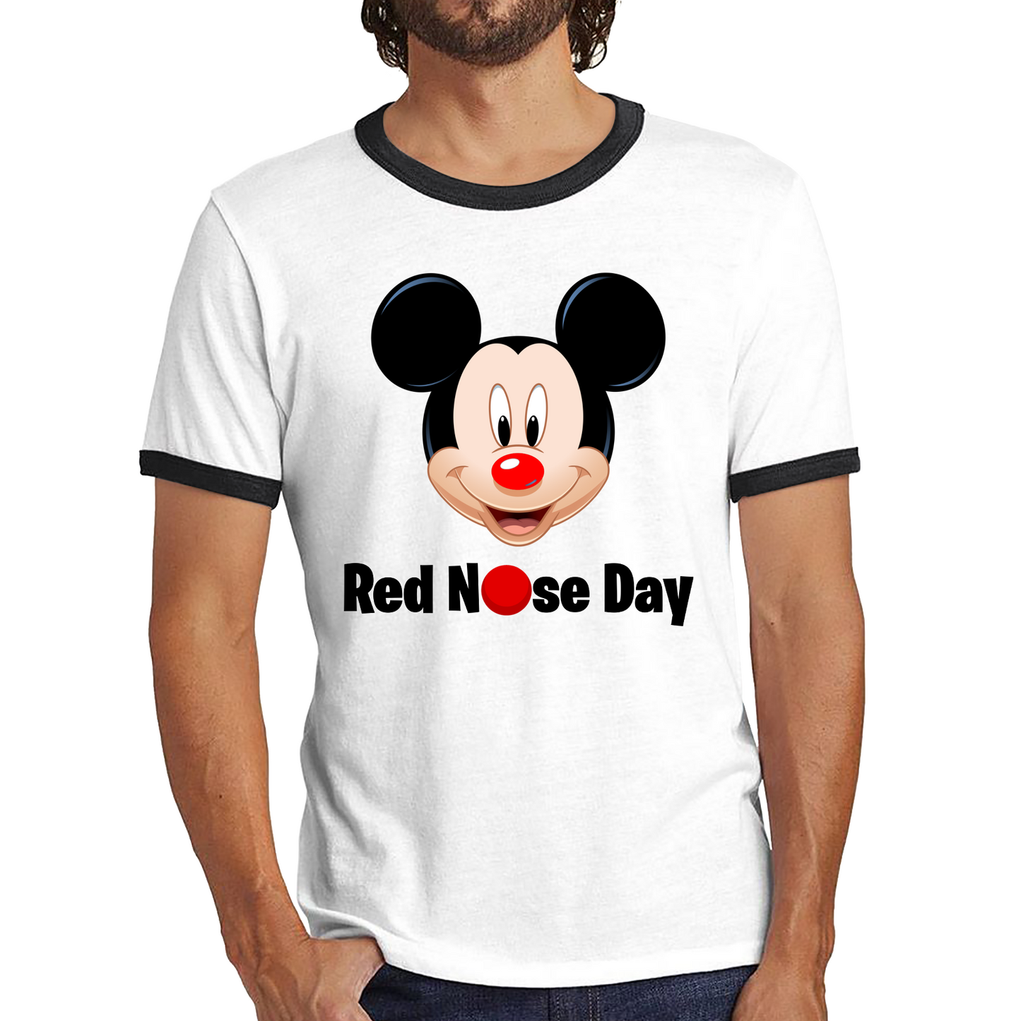 Disney Mickey Mouse Red Nose Day Ringer T Shirt. 50% Goes To Charity