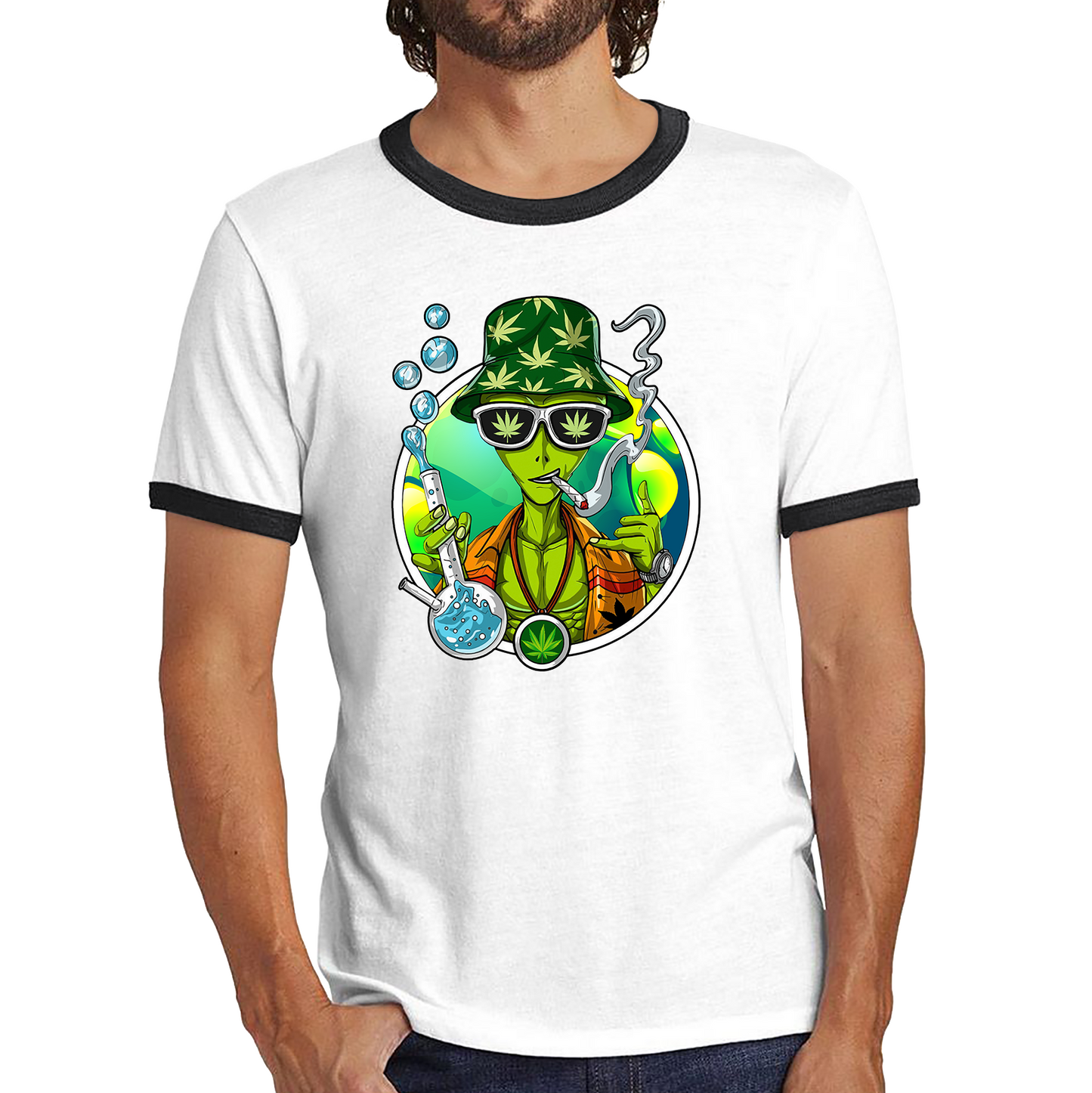 Weed Alien Stoner Shirt Marijuana, Cannabis Lovers Funny Joke Ringer T Shirt