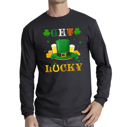 Happy St Patrick's Day Leprechaun Hat Get Lucky Funny St Patricks Day Celebrations Irish Festival Long Sleeve T Shirt