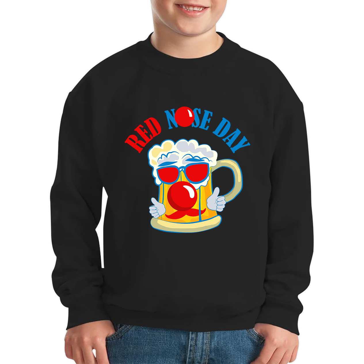 Beer Red Nose Day Funny Kids Sweatshirt. 50% Goes To Charity