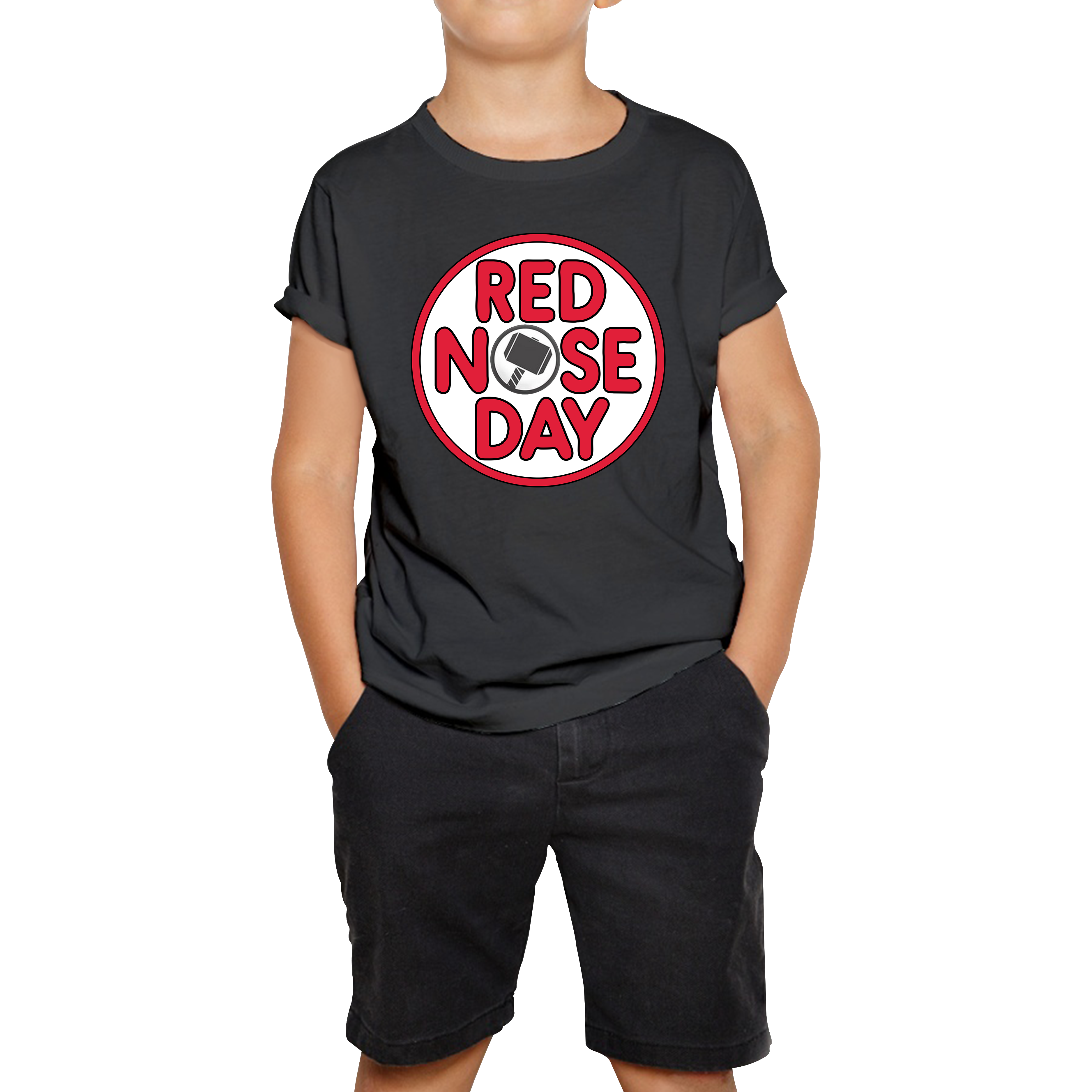 Marvel Avenger Thor Hammer Red Nose Day Kids T Shirt. 50% Goes To Charity