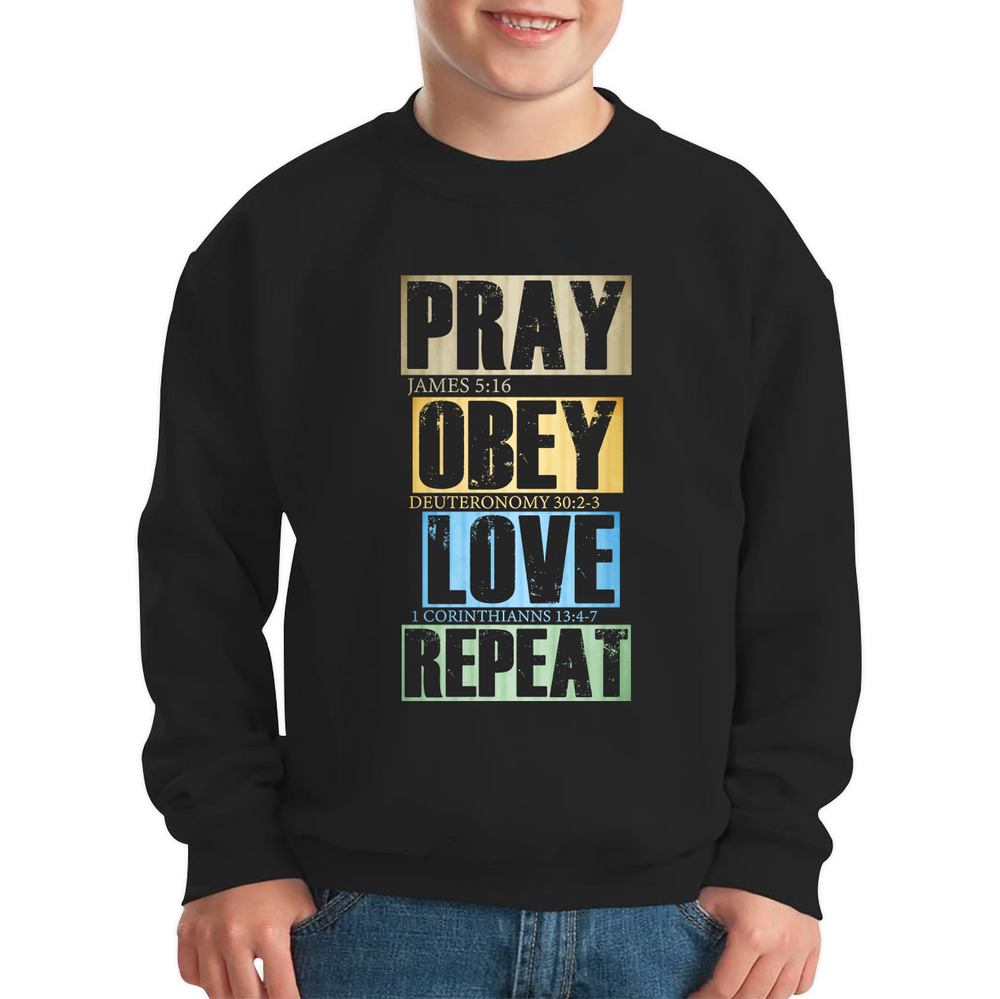 Pray Obey Love Repeat Vintage Christian Bible Christianity Kids Jumper