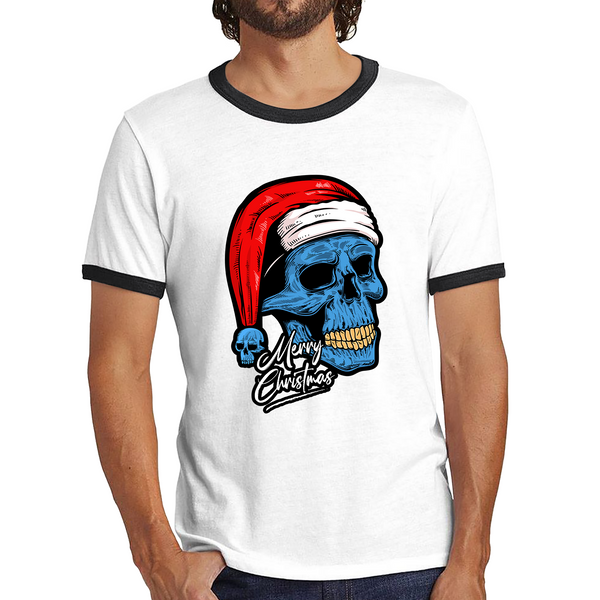 Santa Skull Merry Christmas Skeleton Skull Scary Santa Claus Xmas Holiday Ringer T Shirt