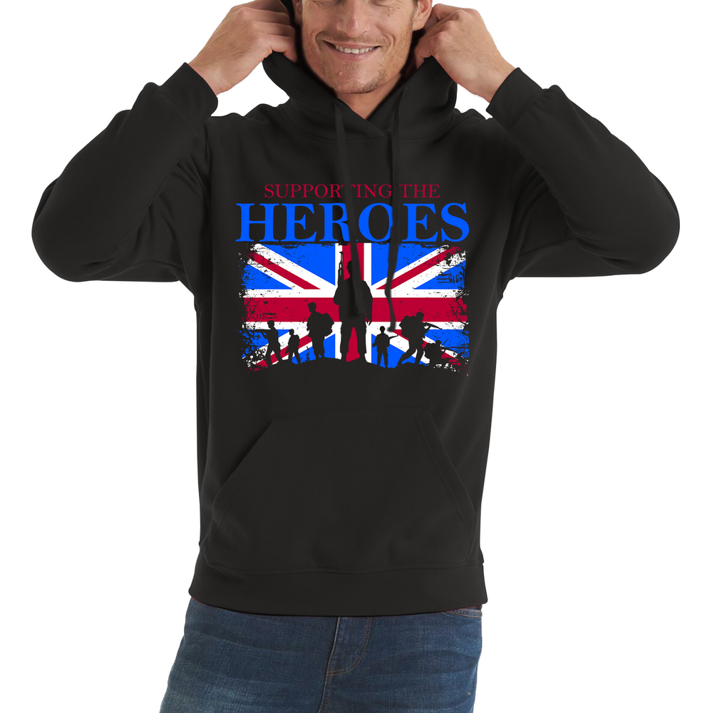 Remembrance Day Hoodie Supporting The Heroes UK Flag British Armed Forces Veteran Mens Hoodie