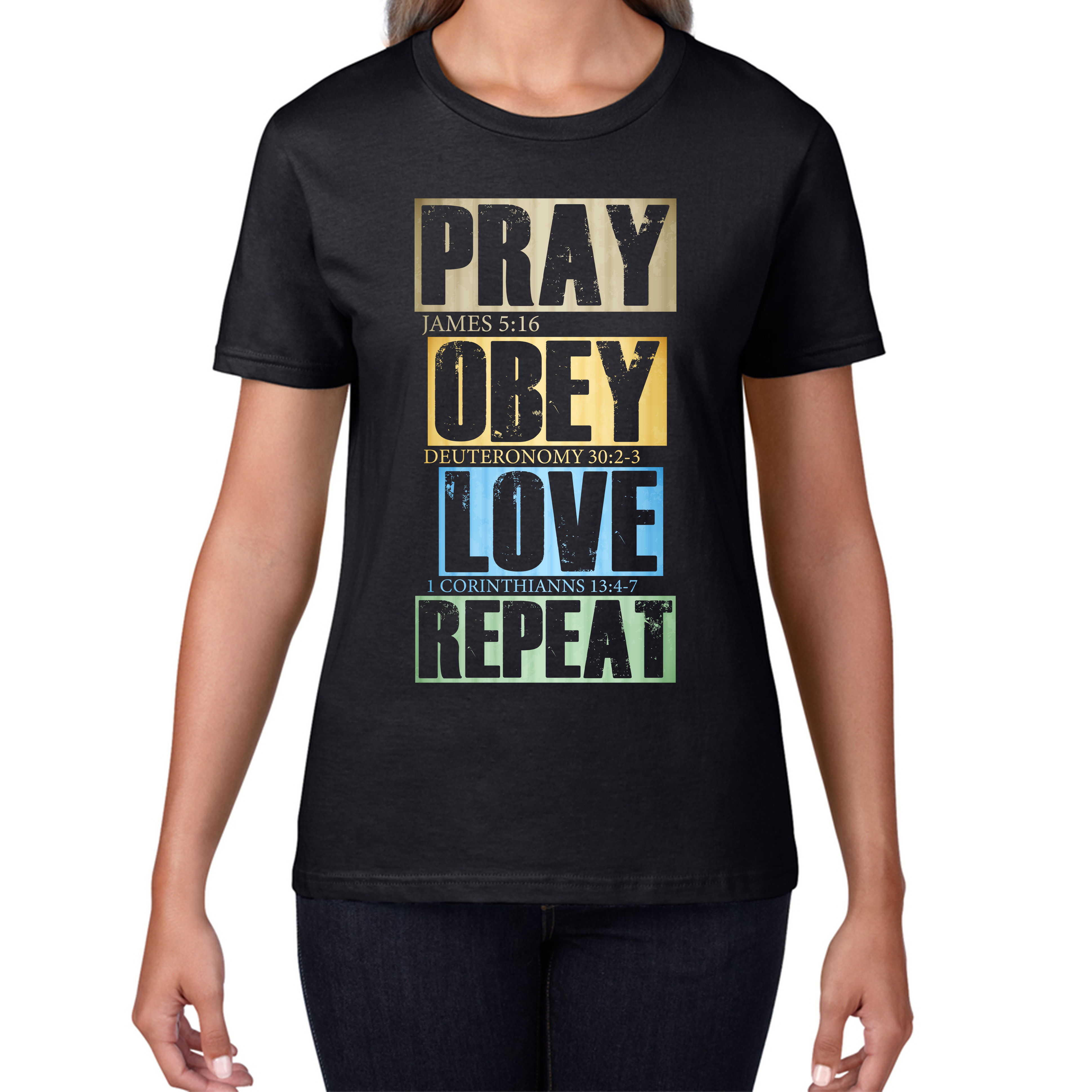 Pray Obey Love Repeat Vintage Christian Bible Christianity Womens Tee Top