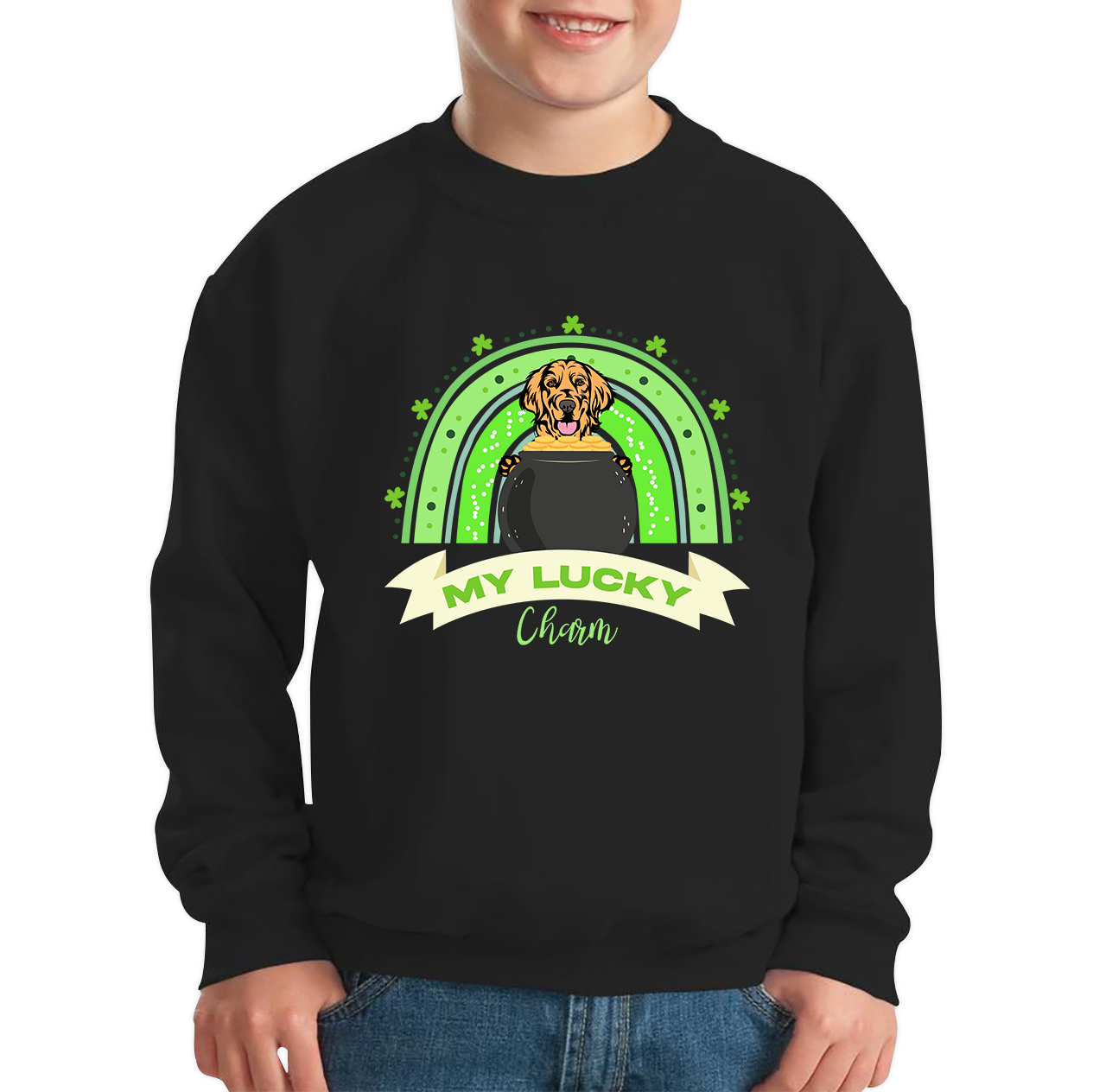 Golden Retriever Dog My Lucky Charm St. Patrick's Day Puppy Animal Pet Dog Lovers St Pattys Day Irish Festive Kids Jumper