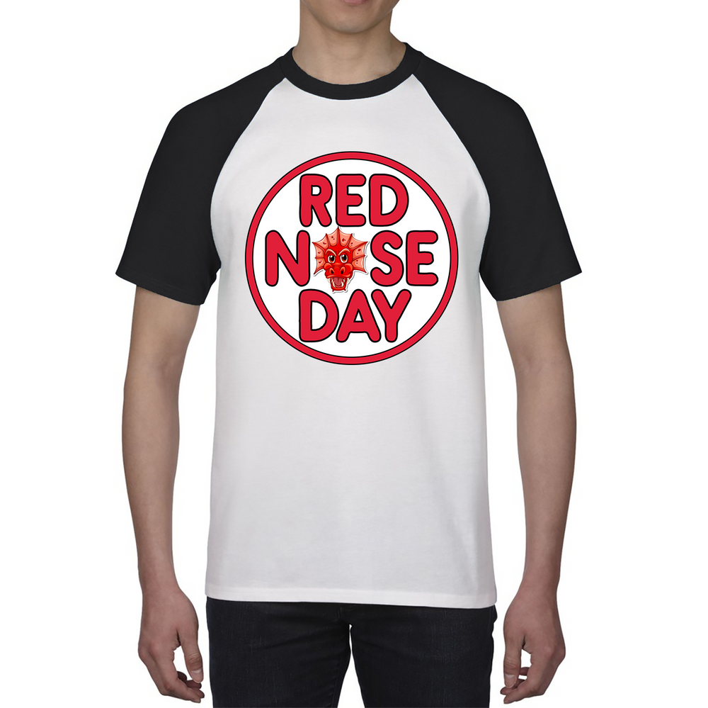 Dragon Face Red Nose Day Baseball T Shirt. 50% Goes To Charity