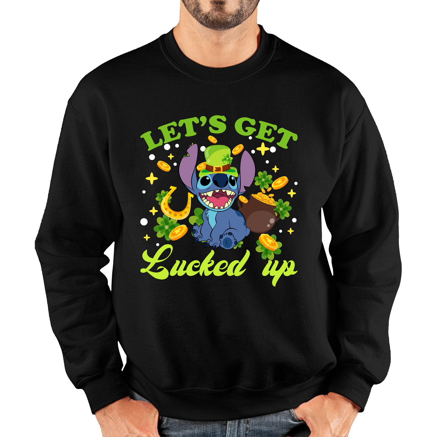 Let's Get Lucked Up Stitch Leprechaun Funny Cartoon St Patrick's Day Irish Festival Unisex Sweatshirt