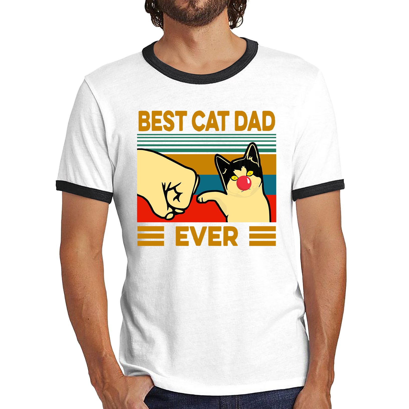 Best Cat Dad Ever Red Nose Day Ringer T Shirt. 50% Goes To Charity