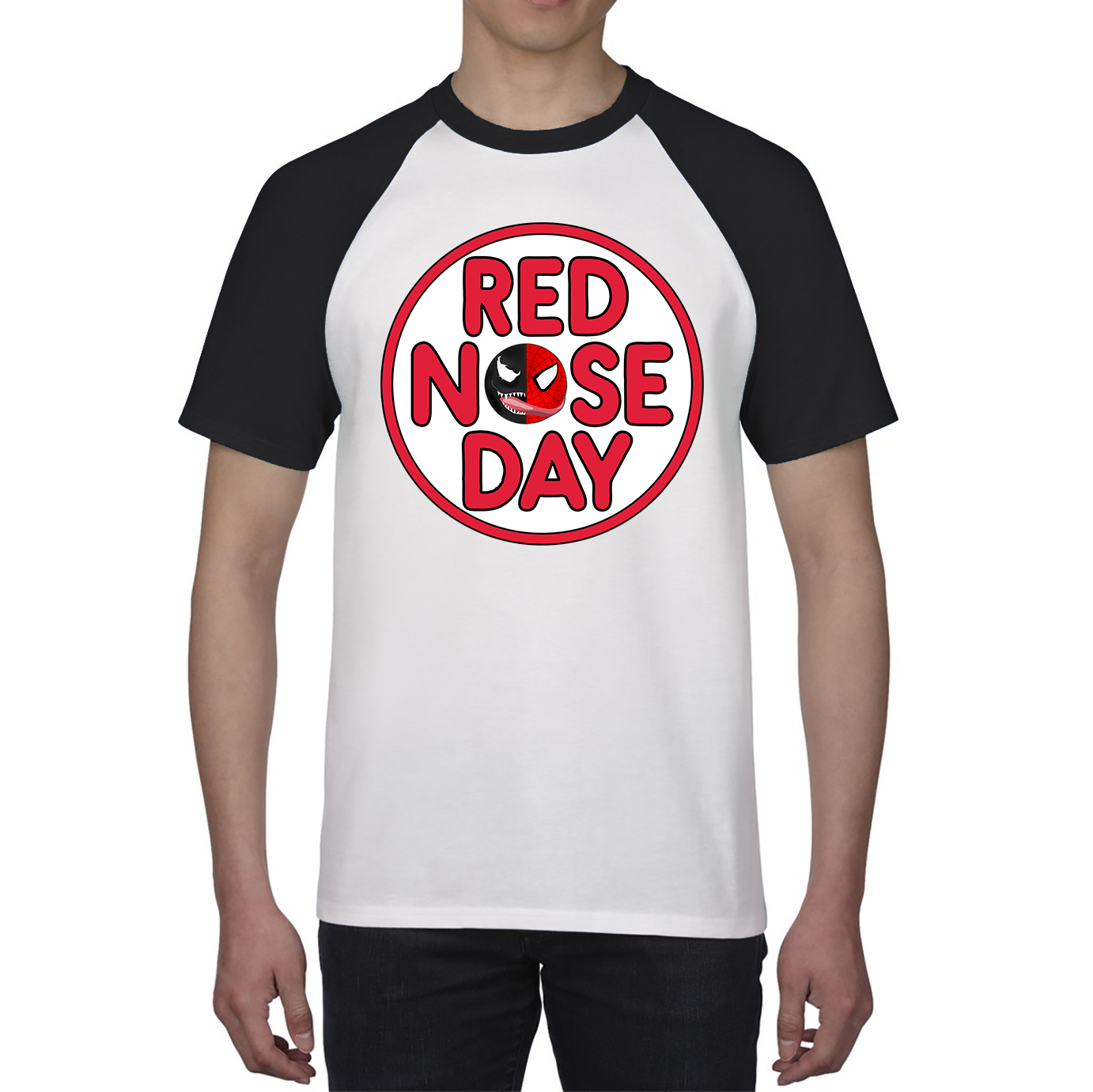 Marvel Venom Spiderman Red Nose Day Baseball T Shirt. 50% Goes To Charity