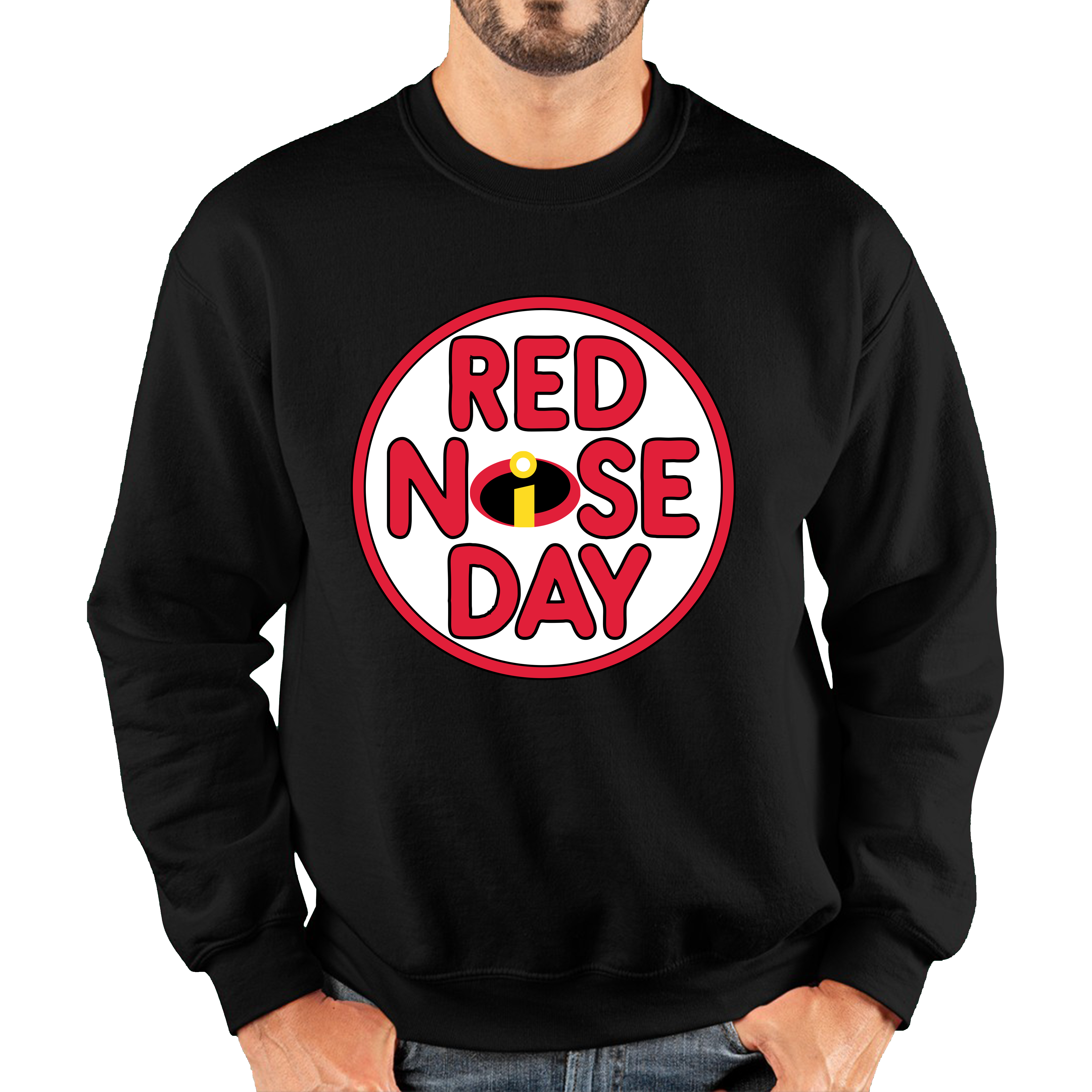 Disney The Incredibles Red Nose Day Adult Sweatshirt. 50% Goes To Charity