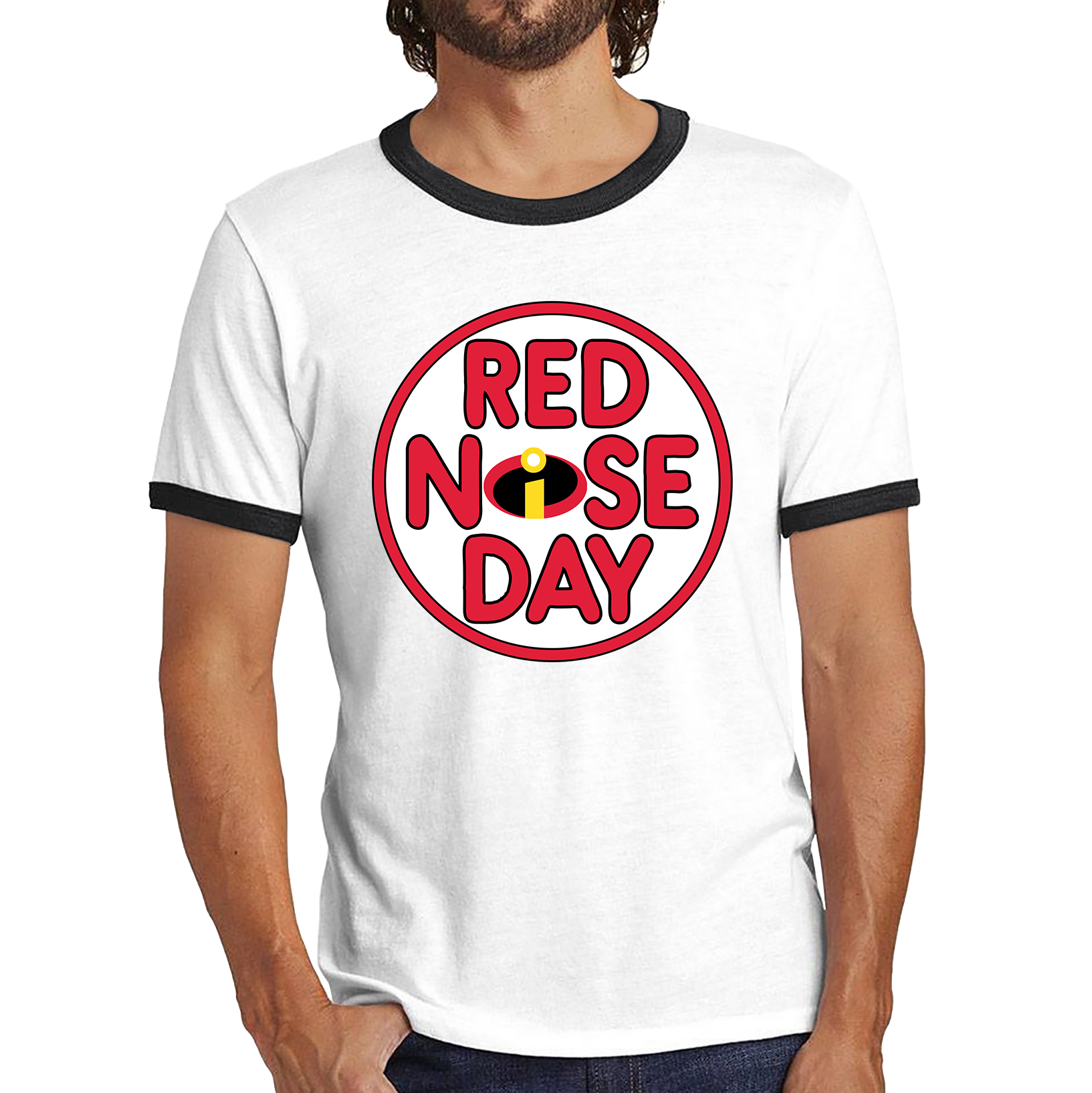 Disney The Incredibles Red Nose Day Ringer T Shirt. 50% Goes To Charity