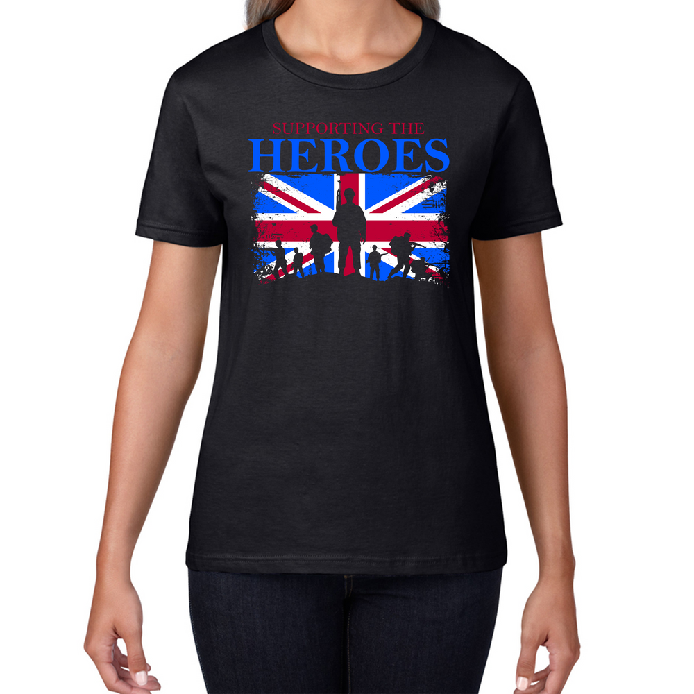 Remembrance Day T-shirt Supporting The Heroes UK Flag British Armed Forces Veteran Womens Tee Top