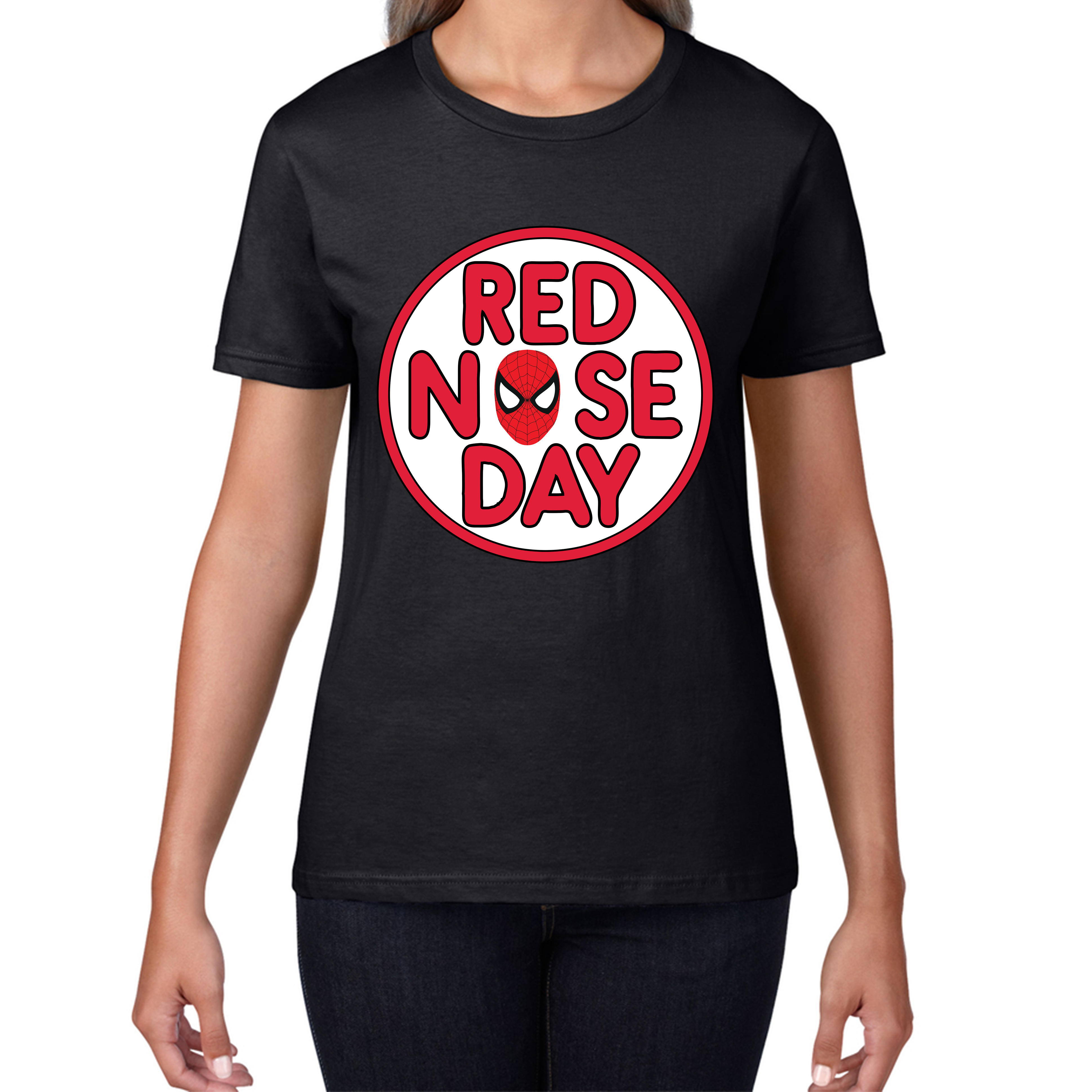 Spiderman Face Red Nose Day Ladies T Shirt. 50% Goes To Charity