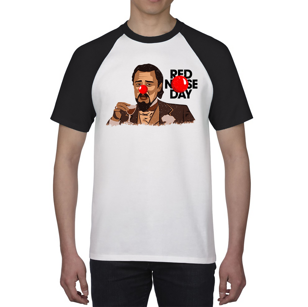 Leonardo Dicaprio Laughing Meme Red Nose Day Baseball T Shirt. 50% Goes To Charity