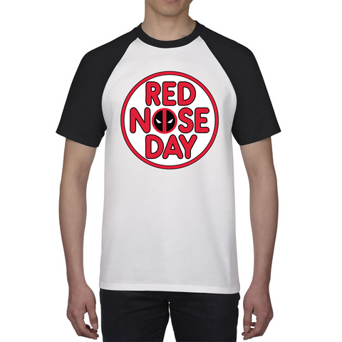Deadpool Red Nose Day Baseball T Shirt. 50% Goes To Charity