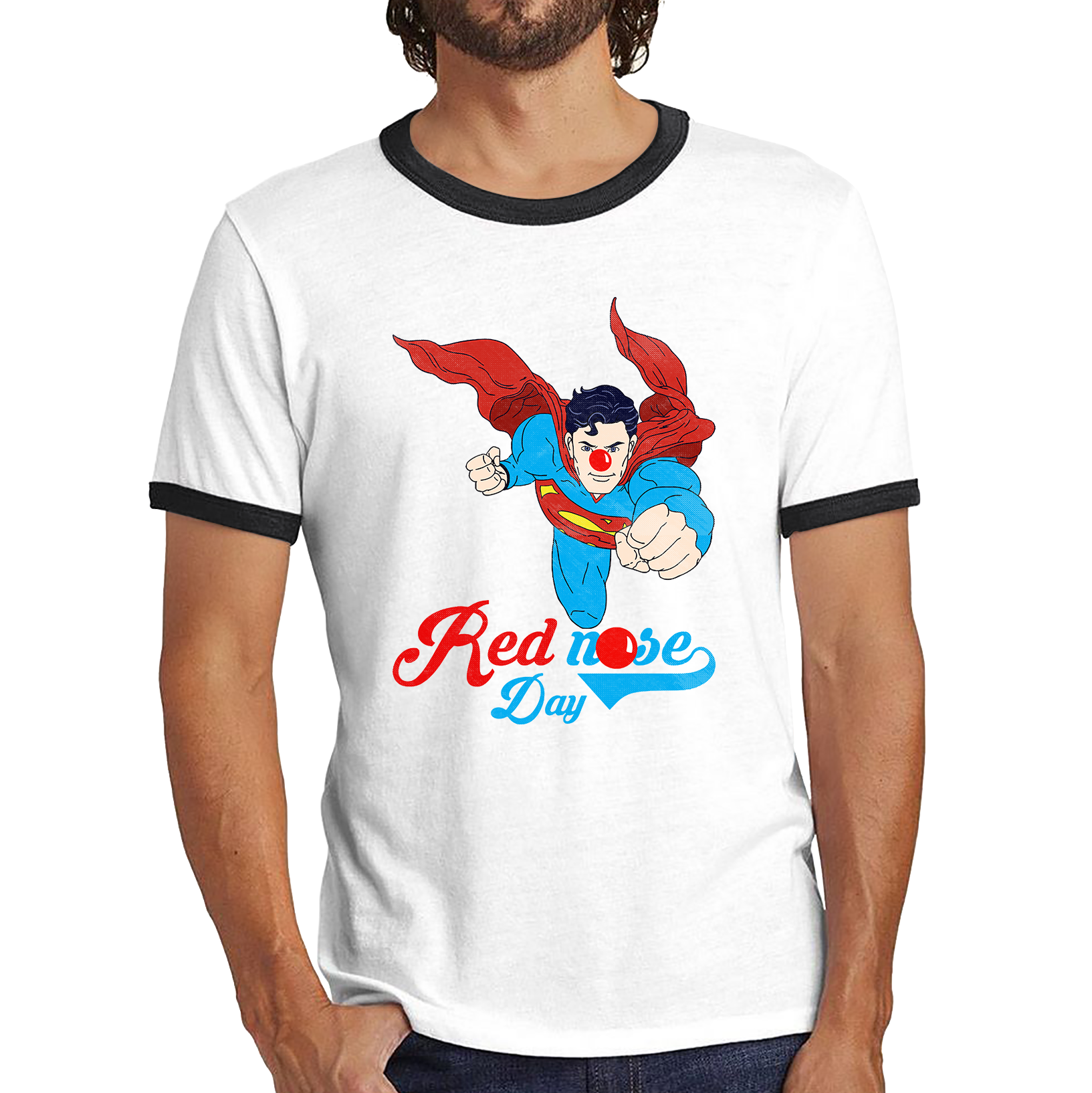 Flying Superman Red Nose Day Comic Superhero Ringer T Shirt. 50% Goes To Charity
