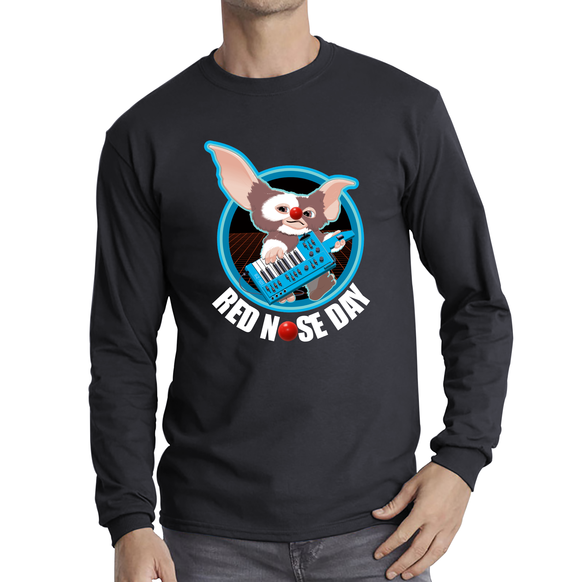 Gremlins Gizmo Piano Red Nose Day Adult Long Sleeve T Shirt. 50% Goes To Charity