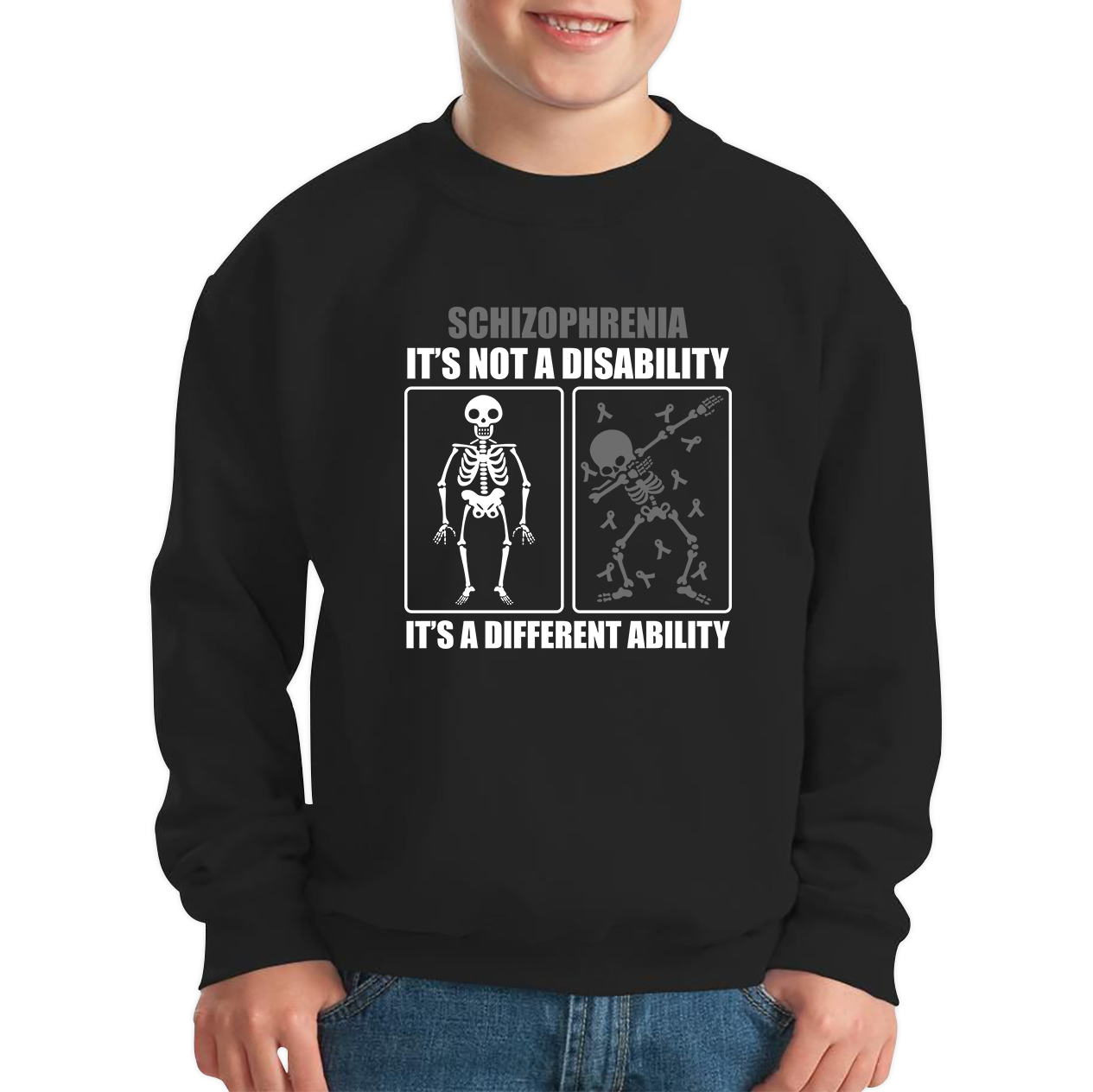 Schizophrenia It's Not A Disability It's A Different Ability Skull Dab Dancing Funny Joke Kids Sweatshirt