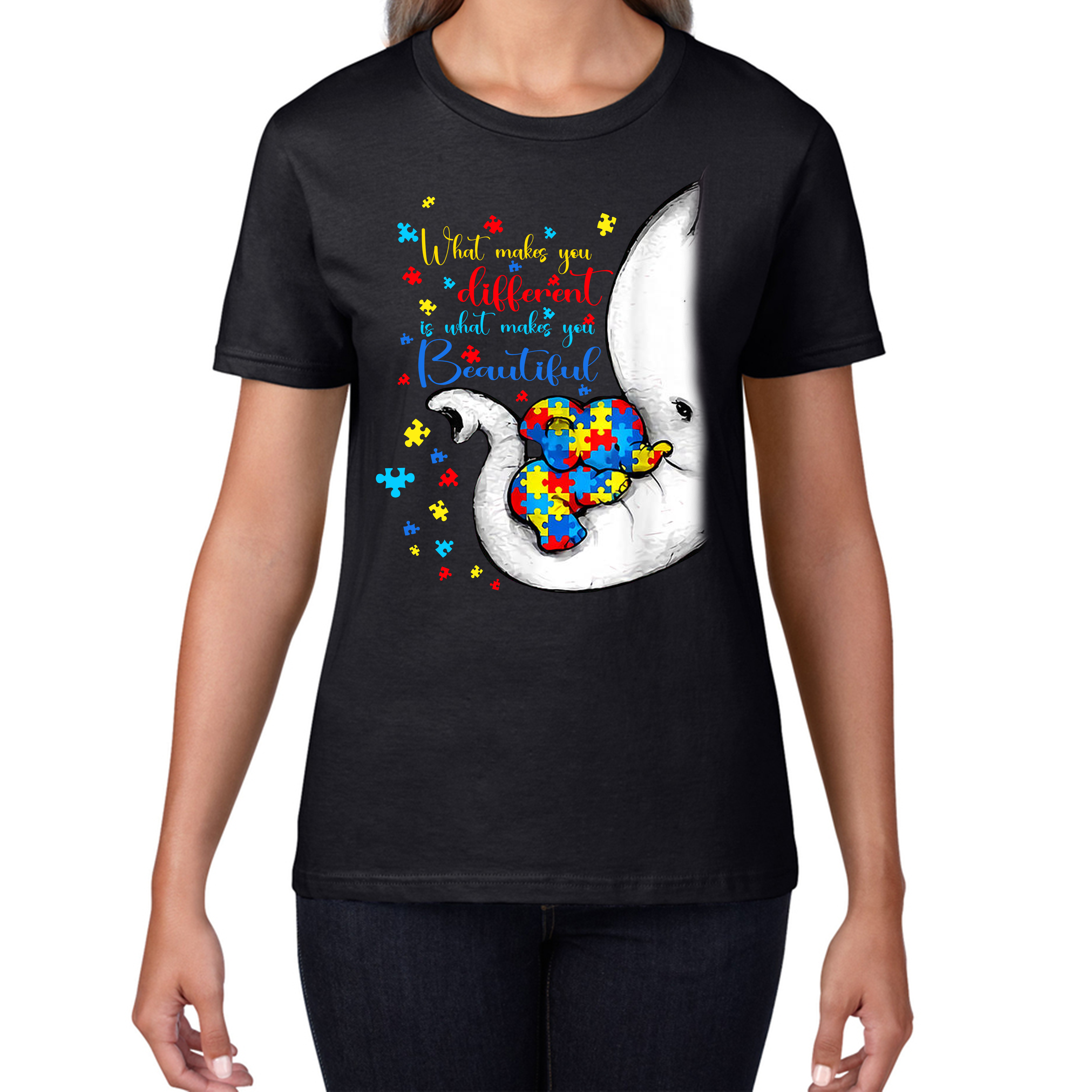 Autism Awareness Elephant What Makes You Different Is What Makes You Beautiful Ladies T Shirt