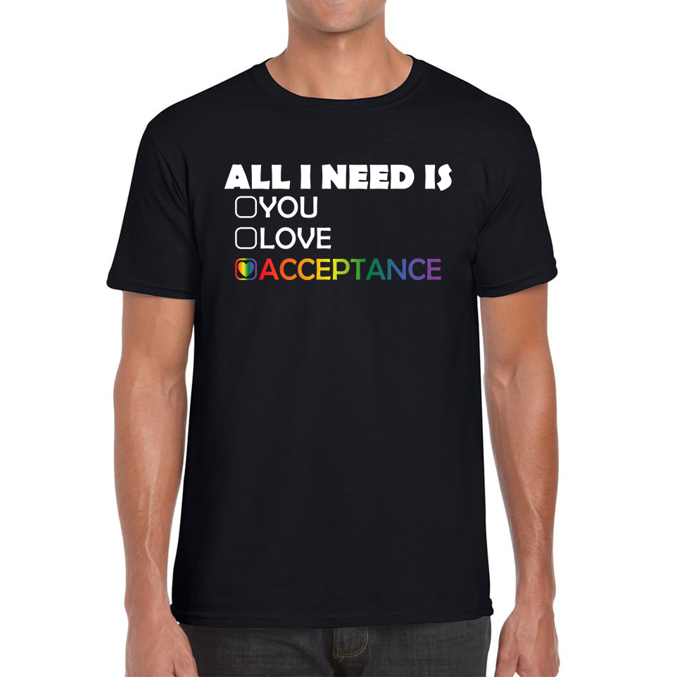 LGBT All I Need Is Acceptance T-Shirt Gay Pride Lesbians Love Rainbow Colour Mens Tee Top