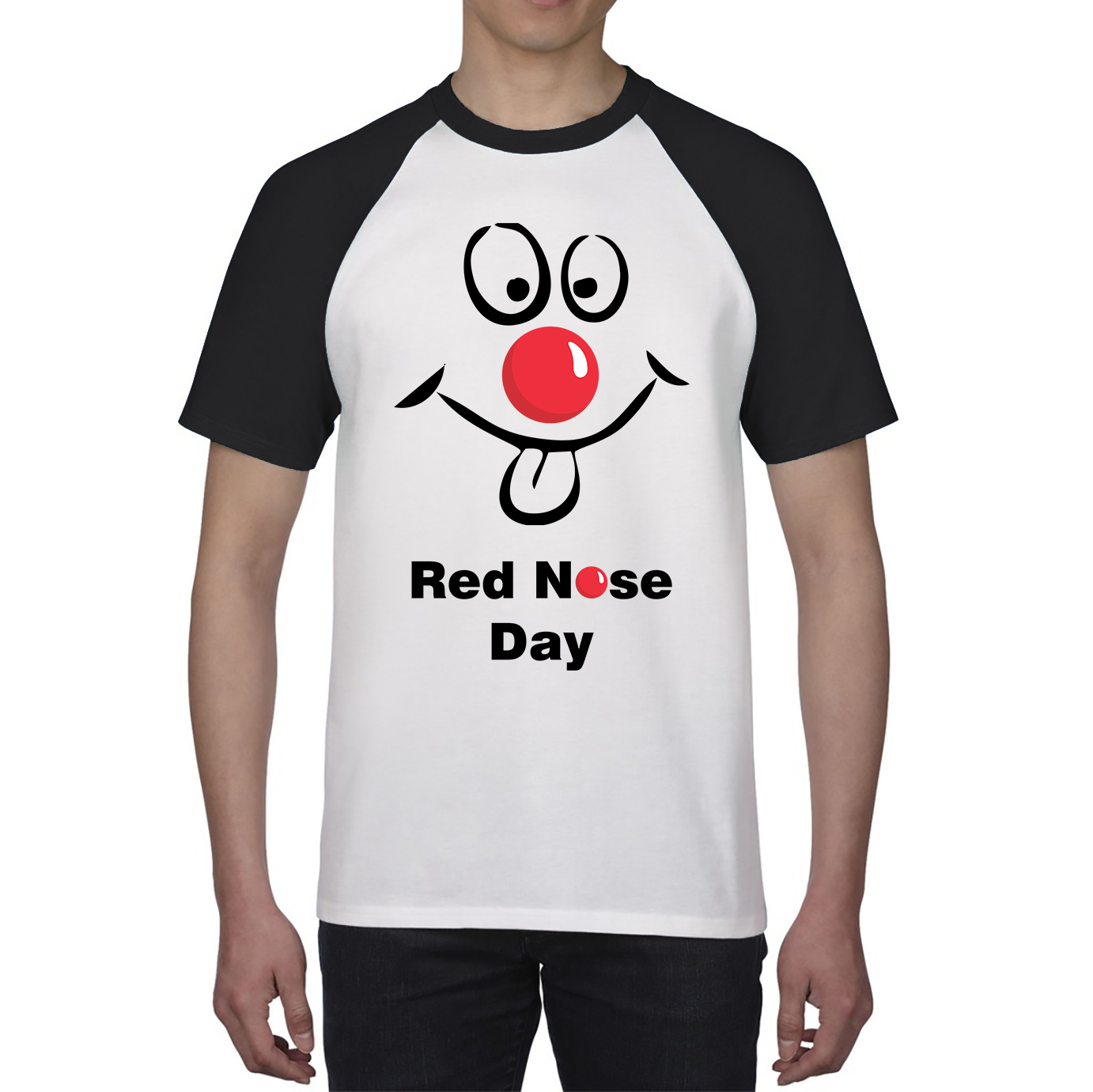 Funny Emoji Face Red Nose Day Baseball T Shirt. 50% Goes To Charity