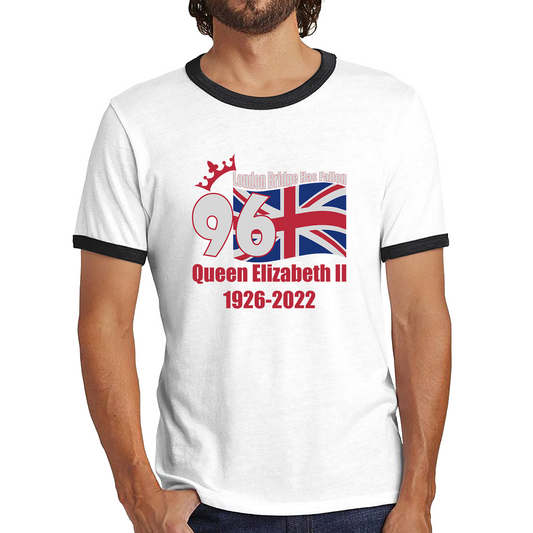 London Bridge Has Fallen 96 Years of Queen Elizabeth II Union Jack British Uk Flag Ringer T Shirt