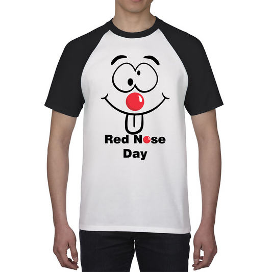 Funny Emoji Face Red Nose Day Baseball T Shirt. 50% Goes To Charity
