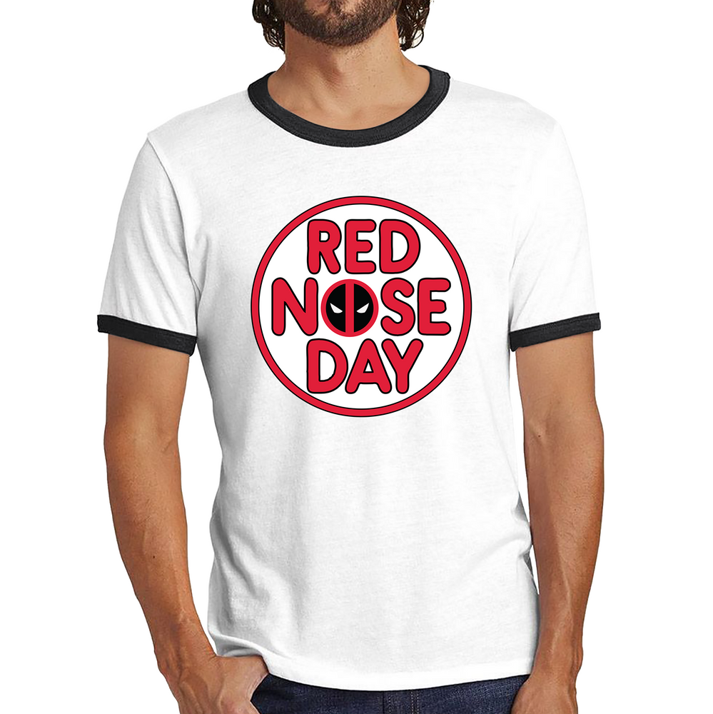 Deadpool Red Nose Day Ringer T Shirt. 50% Goes To Charity