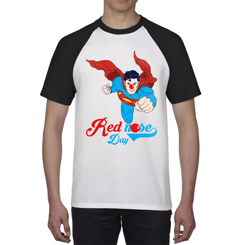 Flying Superman Red Nose Day Comic Superhero Baseball T Shirt. 50% Goes To Charity