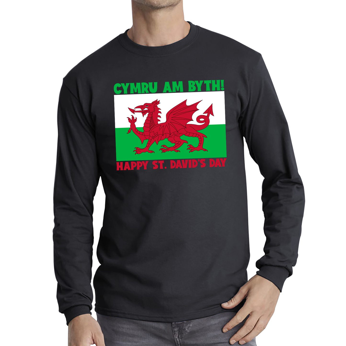 Cymru Am Byth Wales Forever Happy St. David's Day Welsh Dragon Flag Of Wales Saint Welsh Long Sleeve T Shirt