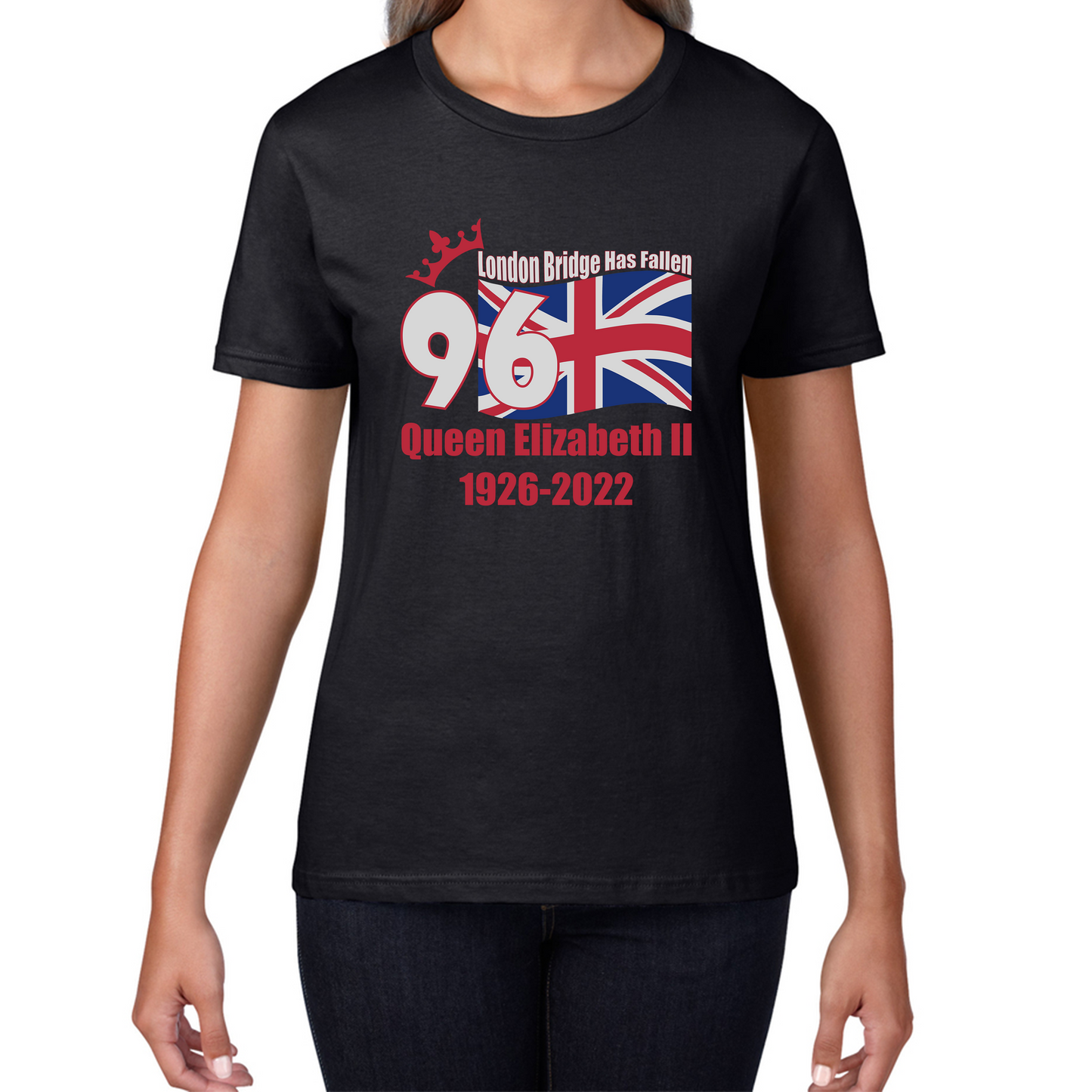 London Bridge Has Fallen 96 Years of Queen Elizabeth II Union Jack British Uk Flag Womens Tee Top