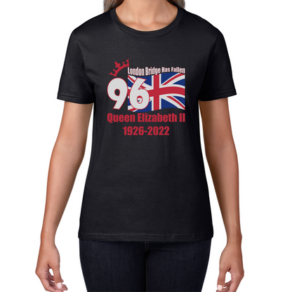 London Bridge Has Fallen 96 Years of Queen Elizabeth II Union Jack British Uk Flag Womens Tee Top
