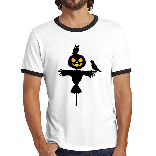 Scarecrow With Owl And Raven Halloween Pumpkin Head Horror Scary Ringer T Shirt