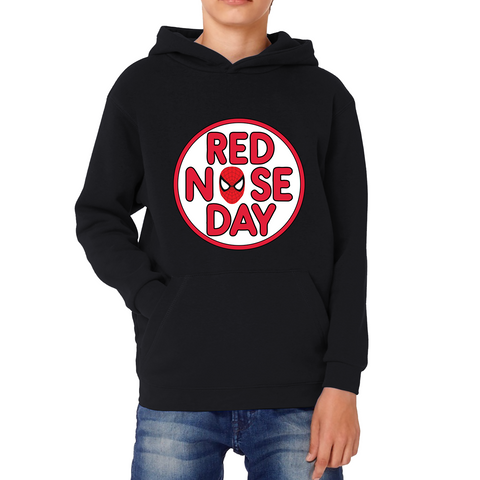 Spiderman Face Red Nose Day Kids Hoodie. 50% Goes To Charity