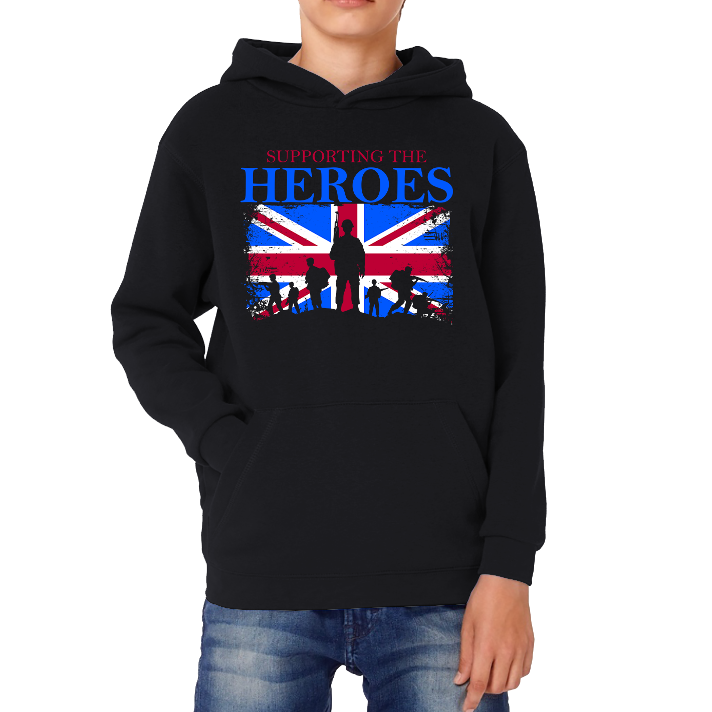 Remembrance Day Hoodie Supporting The Heroes UK Flag British Armed Forces Veteran Kids Hoodie