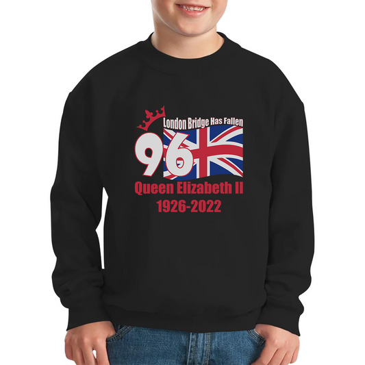London Bridge Has Fallen 96 Years of Queen Elizabeth II Union Jack British Uk Flag Kids Jumper