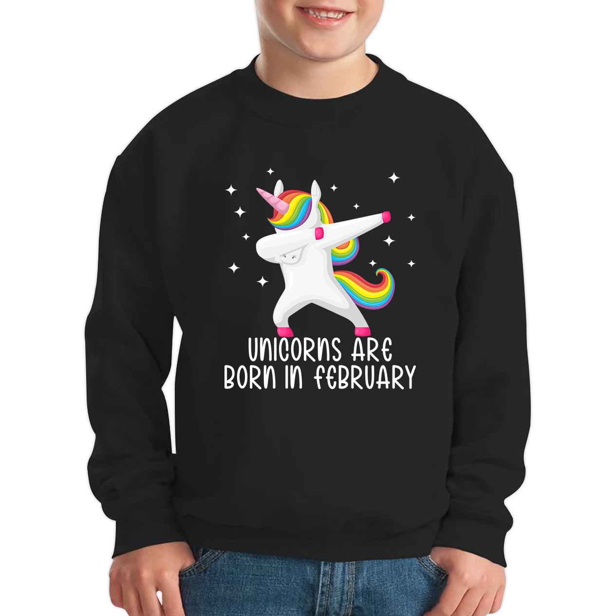 Unicorns Are Born In February Dabbing Unicorn Funny Birthday Month Novelty Slogan Kids Jumper